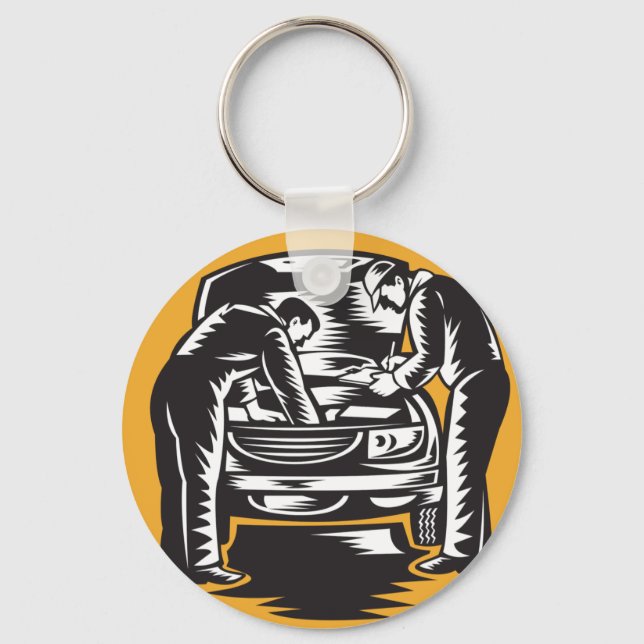 Mechanics Working On A Car Keychain (Front)