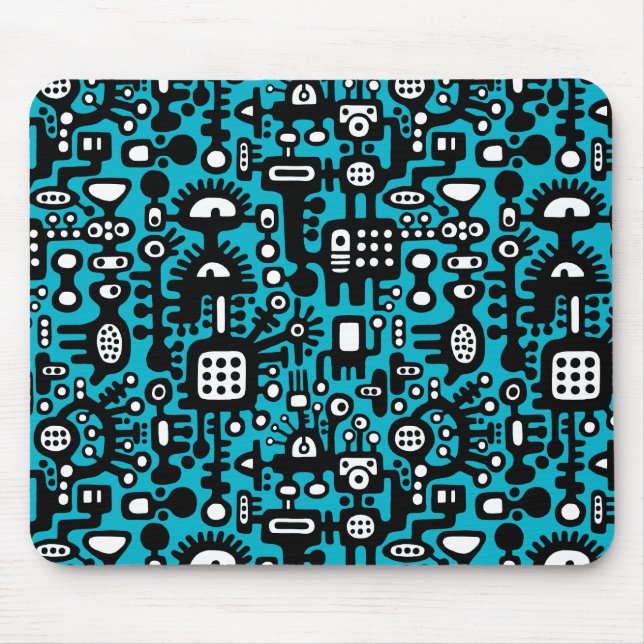 Mechanoid World - Black and White with Aqua Blue Mouse Pad (Front)