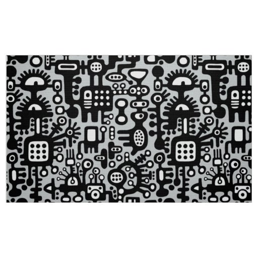 Mechanoid World - Black and White with Gray c6cbcc Fabric