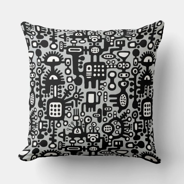 Mechanoid World - Black and White with Gray c6cbcc Throw Pillow (Front)