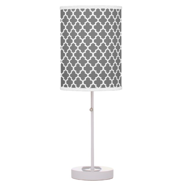 Med Gray and White Quatrefoil Pattern Table Lamp (Front)