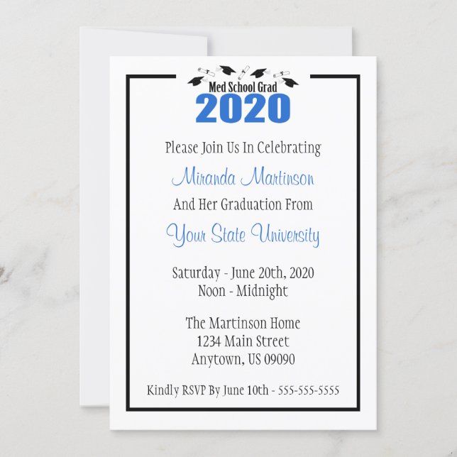 Med School Grad 2020 Graduation Invite (Blue Caps) (Front)