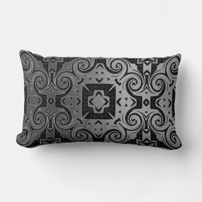 Medalian Black/Silver-Texture 1 Design 1/ Black Lumbar Pillow (Front)