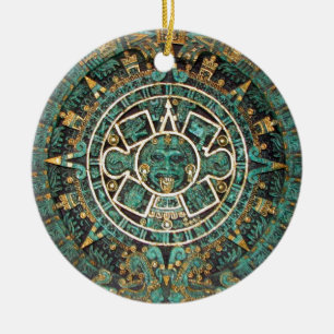 Medallion Coin Ornament, Ancient Aztec Calendar Ceramic Ornament
