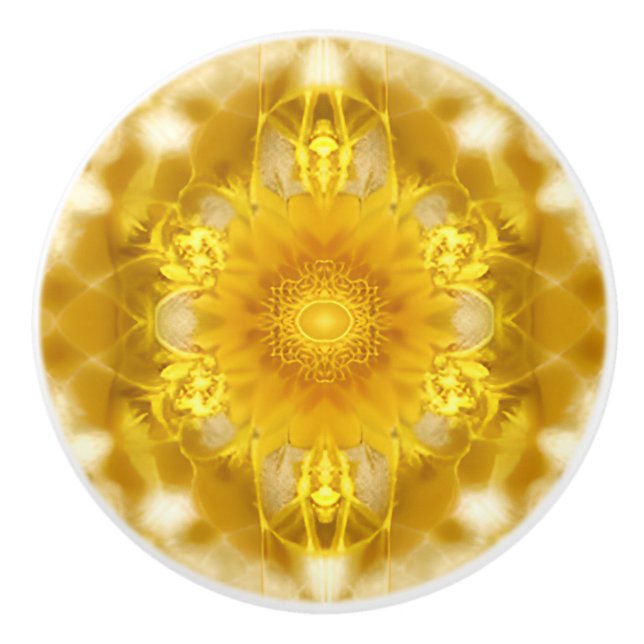 Medallion in Mustard Yellow Batik Pattern Ceramic Knob (Front)