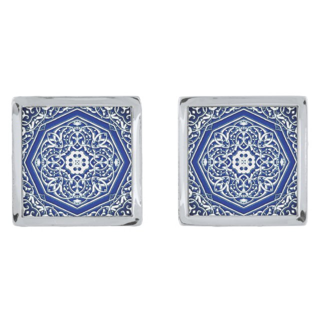 Medallion in Persian Tile Pattern - Blue and White Cufflinks (Front)