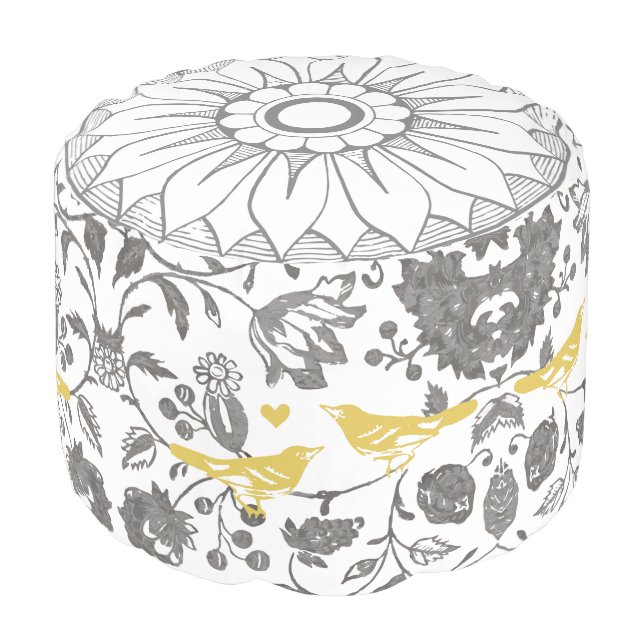 Medallion with a Floral and Yellow Bird pouf (Angled Front)