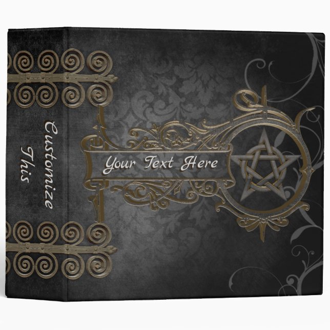 Medeival Black Damask Iron Swirling Pentacle 3 Ring Binder (Front/Spine)