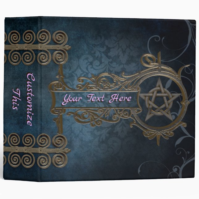 Medeival Blue Damask Iron Pentacle Swirls 3 Ring Binder (Front/Spine)
