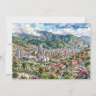 Medellin, Colombia Panorama View Watercolor Art Card