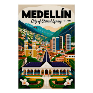 Medellín Colombia Retro Travel Poster Art