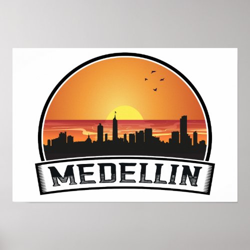 Medellin Colombia Sunset Skyline City Logo Poster