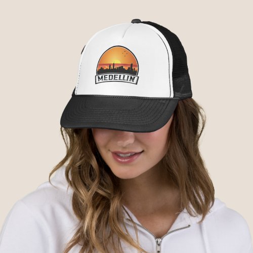 Medellin Colombia Sunset Skyline City Logo Trucker Hat