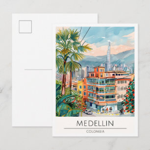 Medellin Colombia Vintage Art Illustration Travel Postcard