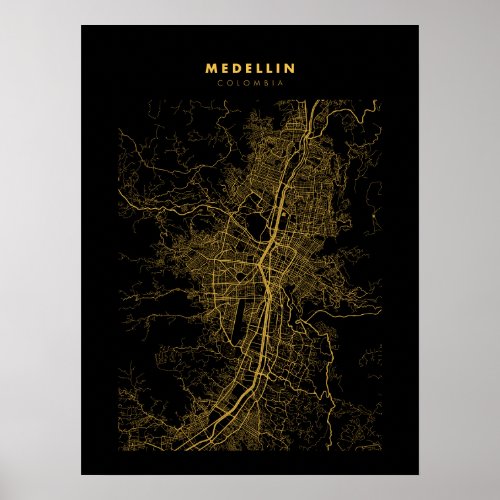 Medellin Dark Gold City Map Poster