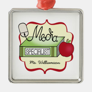 Media Specialist Book Apple & Computer Mouse Metal Ornament