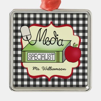 Media Specialist Book Apple & Computer Mouse Metal Ornament by thepinkschoolhouse at Zazzle