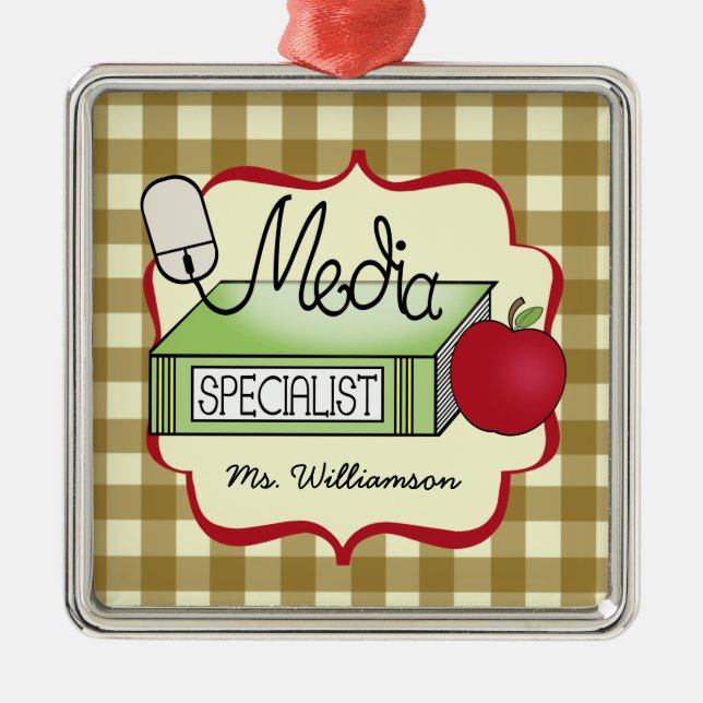 Media Specialist Book Apple & Computer Mouse Metal Ornament (Front)