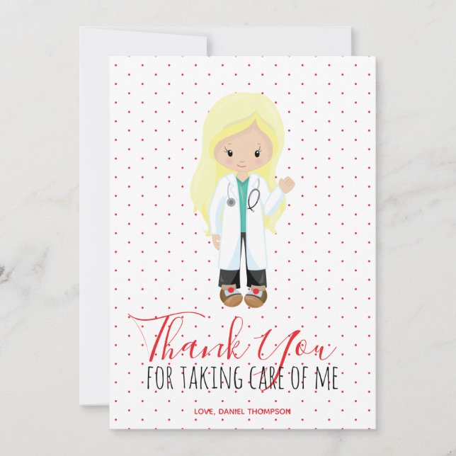 Medic Blonde Doctor Red Typography Polka Dot Thank You Card (Front)
