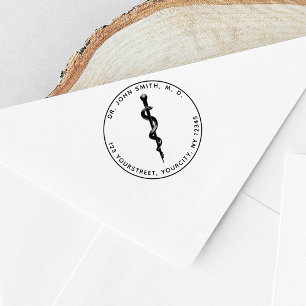 Medical 3d Asclepius Symbol Round Return Address Rubber Stamp