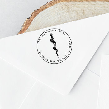 Medical 3d Asclepius Symbol Round Return Address Rubber Stamp by SorayaShanCollection at Zazzle