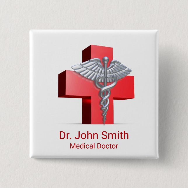 Medical 3D Caduceus Cross Red Silver Button (Front)