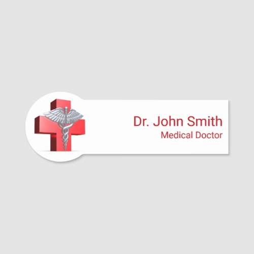 Medical 3D Caduceus Cross Red Silver Name Tag