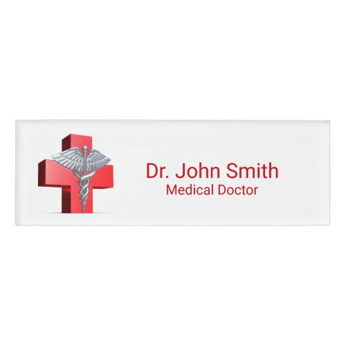 Medical 3D Caduceus Silver Cross Red Name Tag