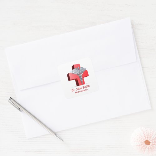 Medical 3D Caduceus Silver Cross Red Square Sticker