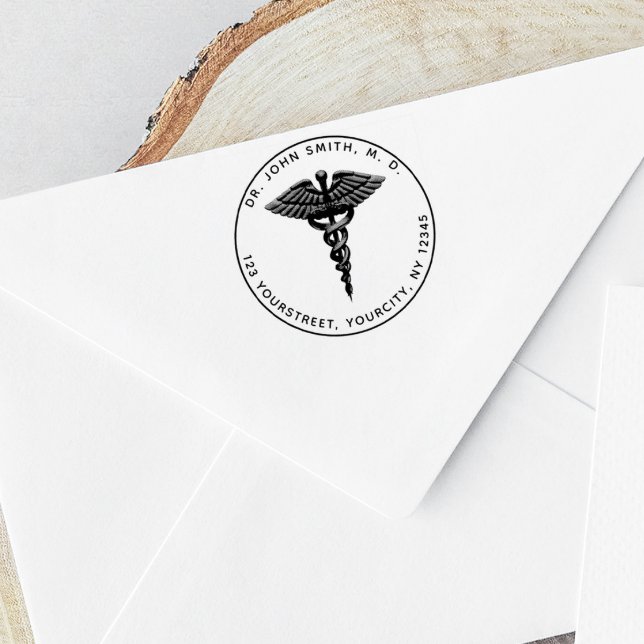Medical 3d Caduceus Symbol Round Return Address Rubber Stamp (Creator Uploaded)