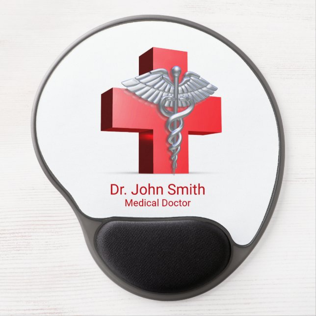 Medical 3D Silver Caduceus Cross Red Gel Mouse Pad (Front)
