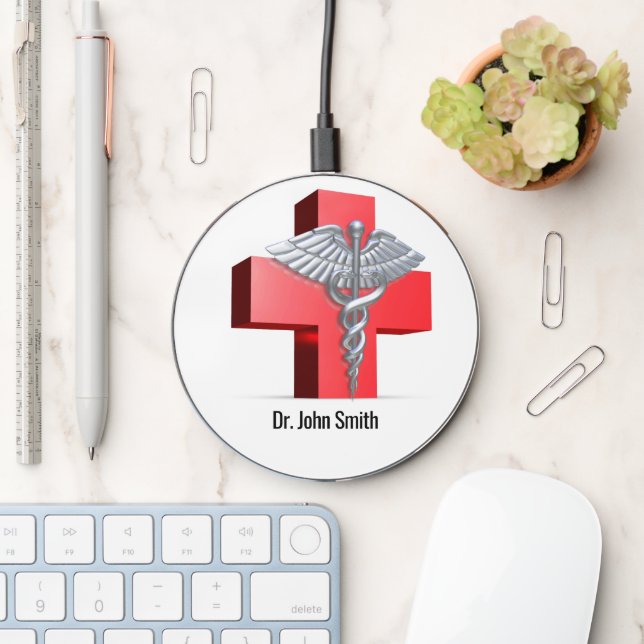 Medical 3D Silver Caduceus Cross Red Wireless Charger (Desk)