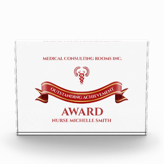Medical achievement caduceus red banner gold nurse acrylic award (Front)