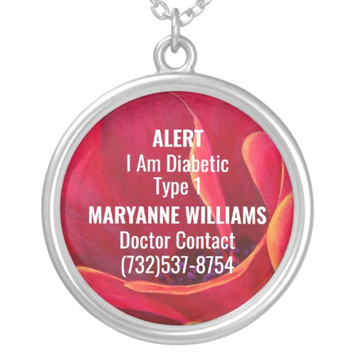 Medical Alert Diabetes Red Add Name Phone Floral Silver Plated Necklace