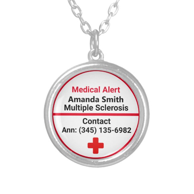 Medical Alert for Multiple Sclerosis Silver Plated Necklace (Front)