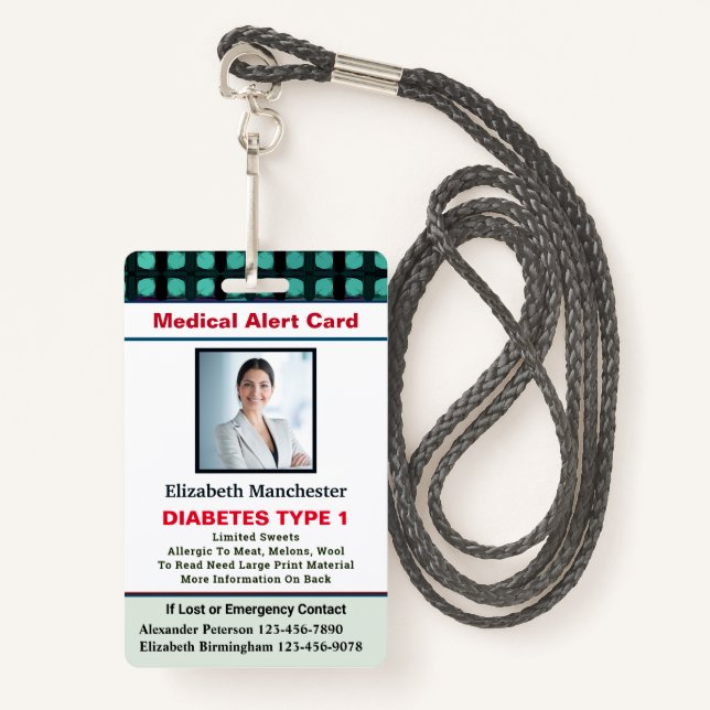 Medical Alert ID Card Photo Name Custom Badge (Front with Lanyard)