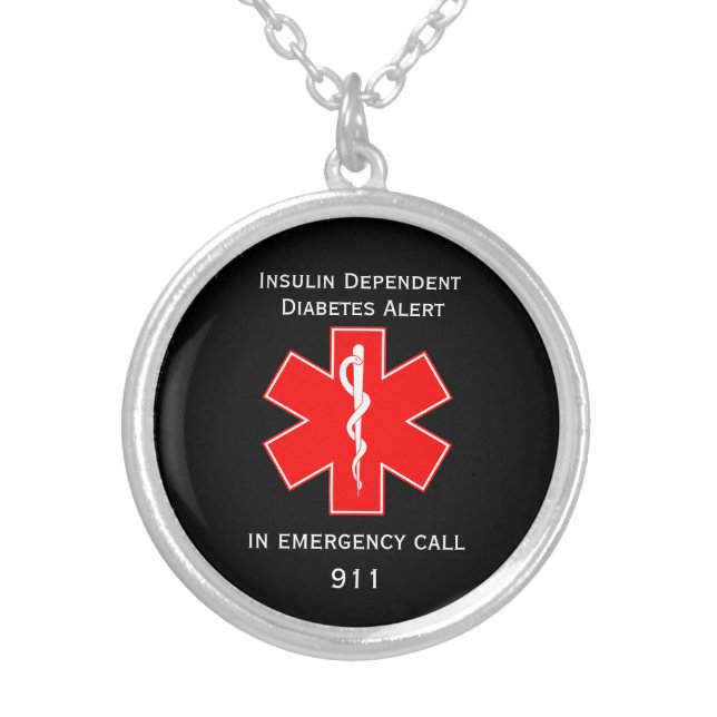 Medical Alert ID Insulin Dependent Diabetes Silver Plated Necklace (Front)