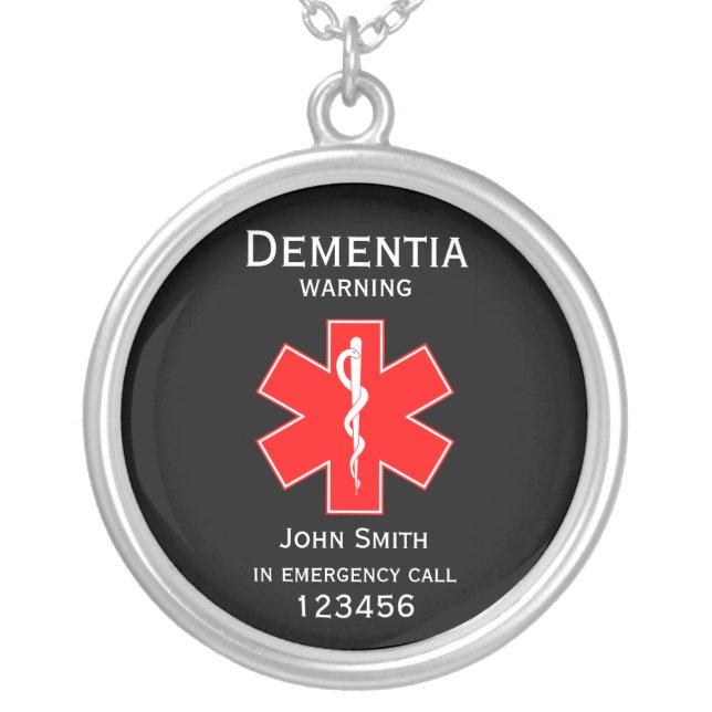Medical Alert ID Medical Dementia  Silver Plated Necklace (Front)