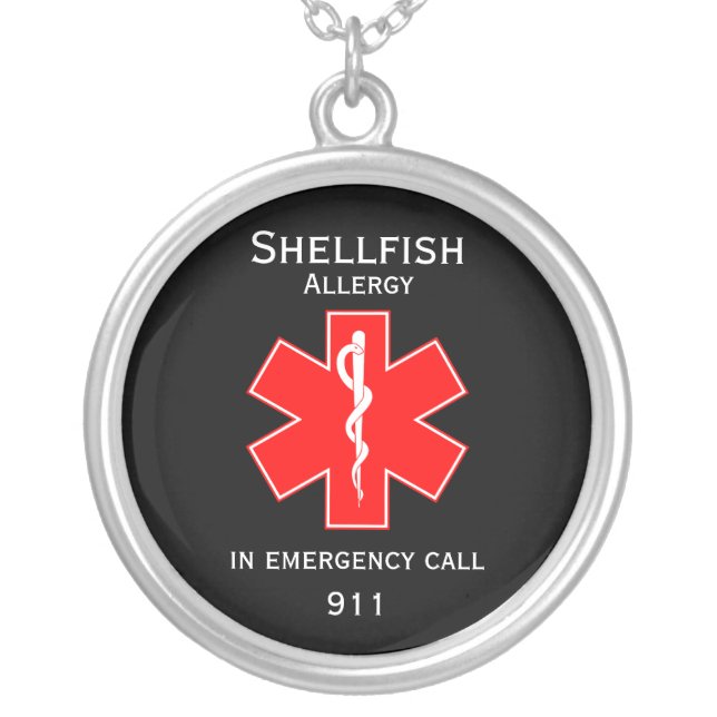 Medical Alert ID Medical Shellfish Allergy Silver Plated Necklace (Front)