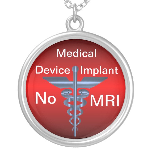 Medical Alert -- No MRI Medical Implant Silver Plated Necklace (Front)