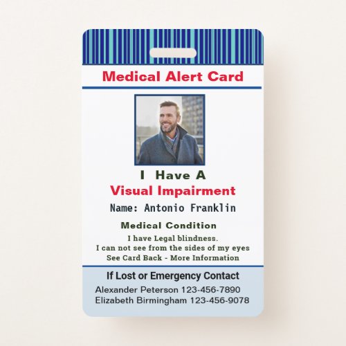 Medical Alert Photo Name Contact ID Card Custom Badge
