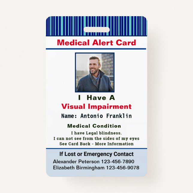 Medical Alert Photo Name Contact ID Card Custom Badge (Front)