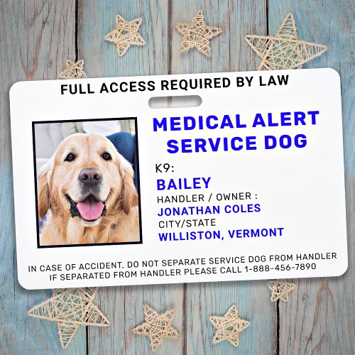 Medical Alert Service Dog Photo ID Badge