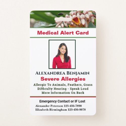 Medical Allergy Alert Emergency Photo Custom ID  Badge
