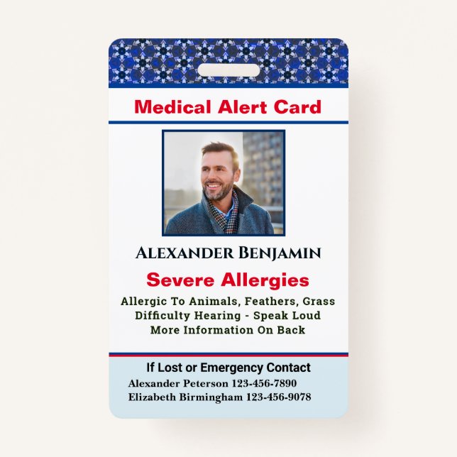 Medical Allergy Alert Emergency Photo Custom ID Badge (Front)