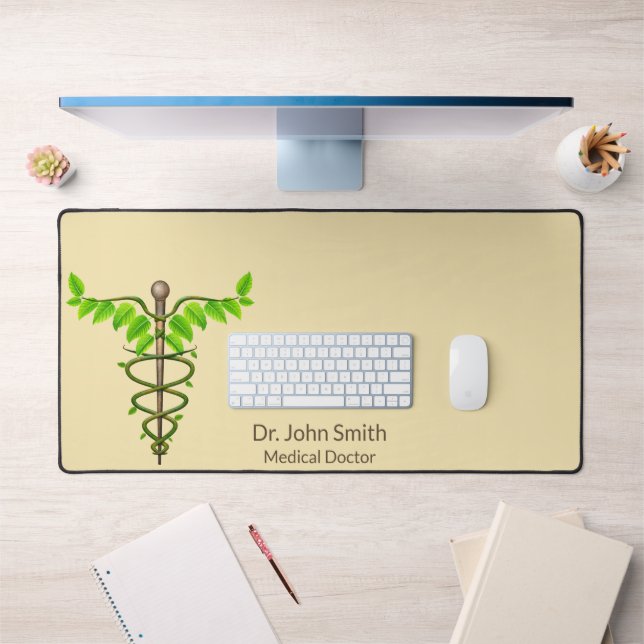 Medical Alternative Caduceus Green Leaves Beige Desk Mat (Office 1)