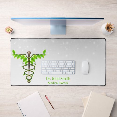 Medical Alternative Caduceus Green Leaves White Desk Mat