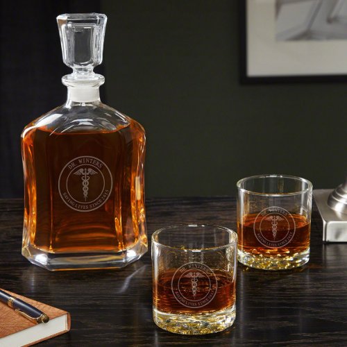 Medical Arts Decanter Set With Whiskey Glasses 