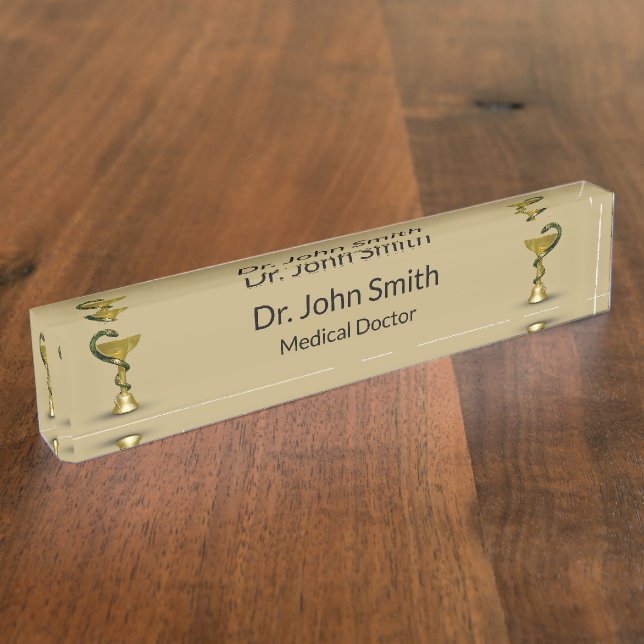 Medical Beige Snake Bowl Hygieia Gold Caduceus Desk Name Plate (Side)