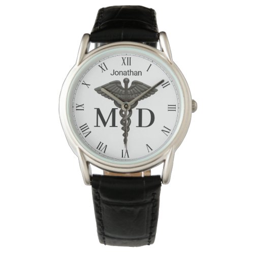 Medical Black Caduceus Medical Doctor MD Men Watch